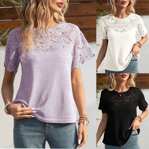 New European and American fashion crew neck lace splicing shoulder-plugged short-sleeved T-shirt top m302094