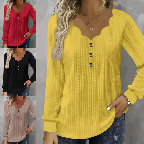 Women's solid color scallop V-neck chest button-down long-sleeved top T-shirt m301771