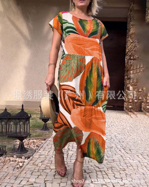 Loose round neck split button fashionable printed long dress loose m302072