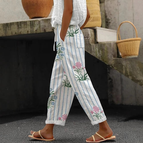 Regular drawstring pocket slacks multi-color digital print women's trousers m301434