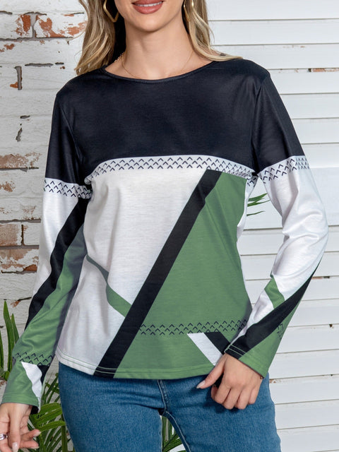 Spring and Autumn Elegant Geometric Contrast Top Long Sleeve T-Shirt m301645