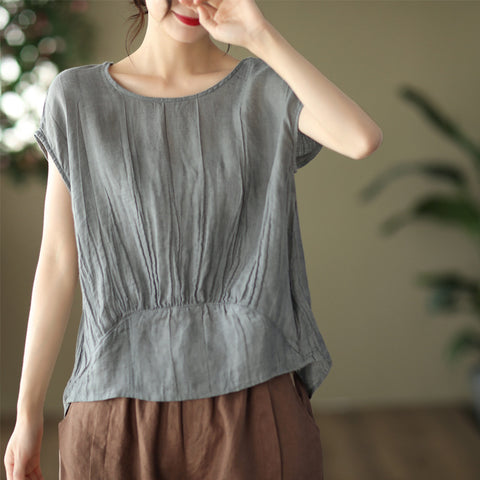 Vintage twisted pleated pendulum tencel ramie top femininity short-sleeved literary jumper m302056