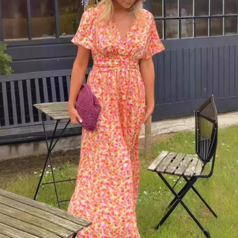 Temperament printed waist V-neck dress m301307