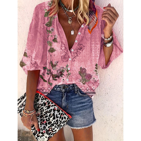 Fashion summer European and American women's clothing stand-up collar loose button retro printed casual shirt m301723