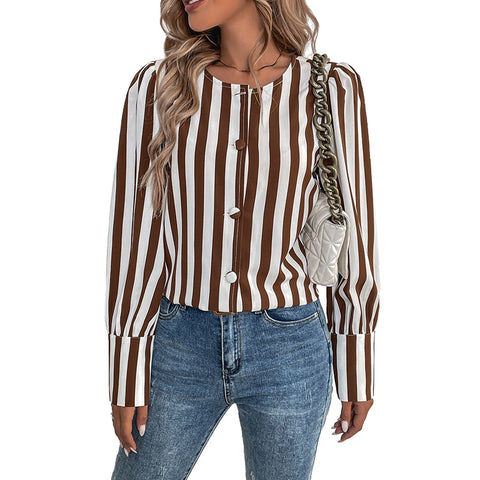 V-neck single-breasted cardigan striped contrasting long-sleeved women's shirt m300818