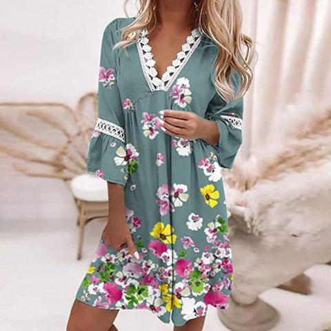 V-neck Printed Lace Stitching Bohemian Casual Vacation Style Dress M300213