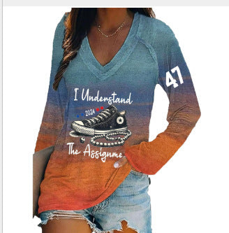 Women's V-neck long sleeve horror red graffiti 3D digital printing m301556