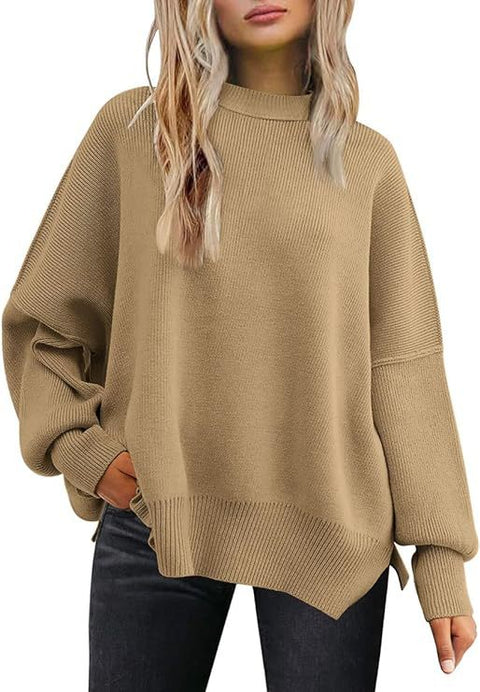 Crew neck bat wing long-sleeved sweater autumn knitted side slit jumper m301590