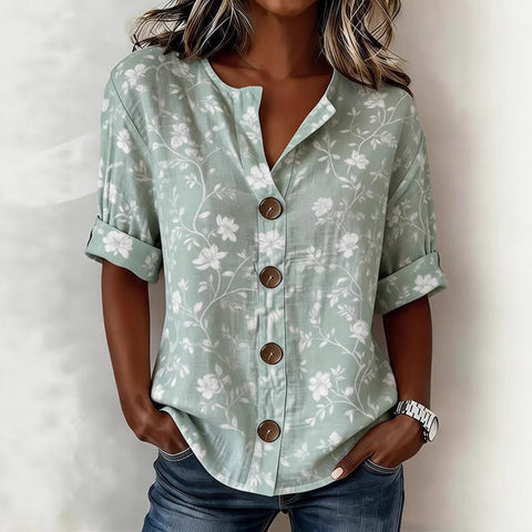 V-Neck Shirt Medium Sleeve Flower Print Button Casual Ladies Shirt m302697