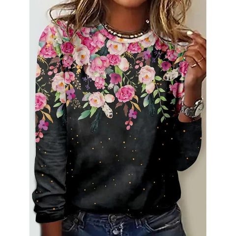 Long Sleeve T-Shirt Women's Solid Color Flower m300934
