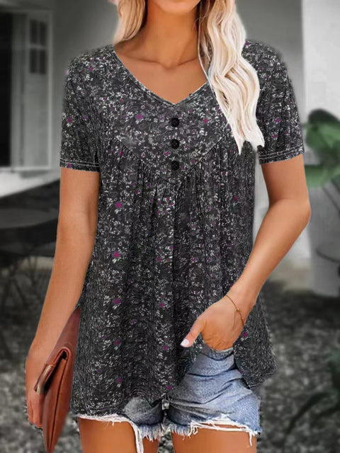 Floral v-neck short-sleeved casual button top m301454