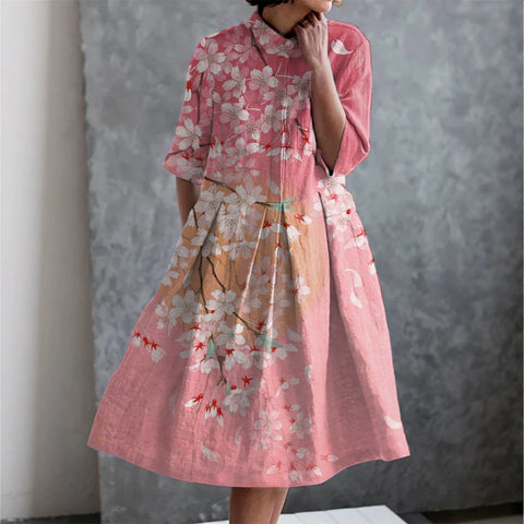 Elastisches Hanf kurzes Hemdblusenkleid, Blumenmuster, japanischer Urlaubsstil, Pendelrock m303187