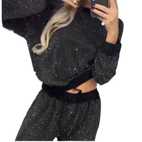 Women's Starry Sky Full of Stars Long Sleeve Crew Neck Loose Top Drawstring Wide Leg Two-piece Set m301500