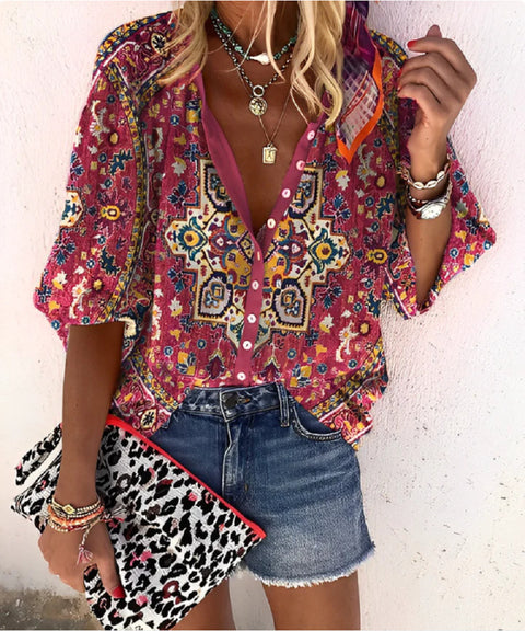 Fashion summer European and American women's clothing stand-up collar loose button retro printed casual shirt m301723