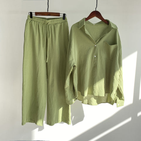 Cotton and linen shirt set high waist loose trousers m301983