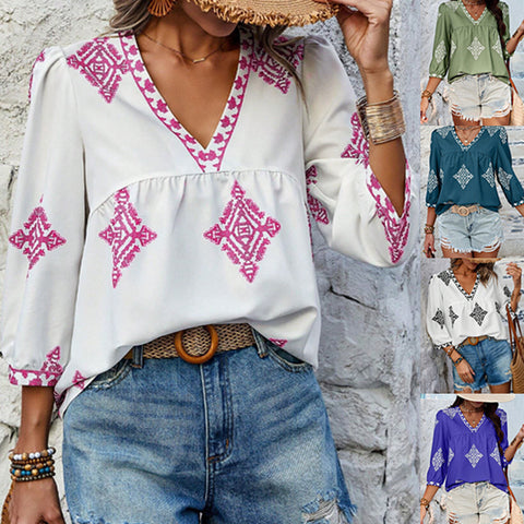 Fashion printed bag seven-quarter sleeve V-neck women's top m301002