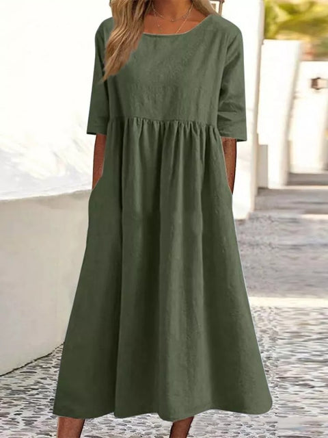 New cotton and linen casual short-sleeved pocket pleated loose round neck dress m300890
