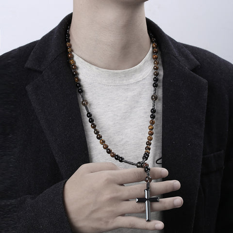 Natural stone black gallstone yellow tiger eye iron stone cross necklace hip hop necklace m3331291