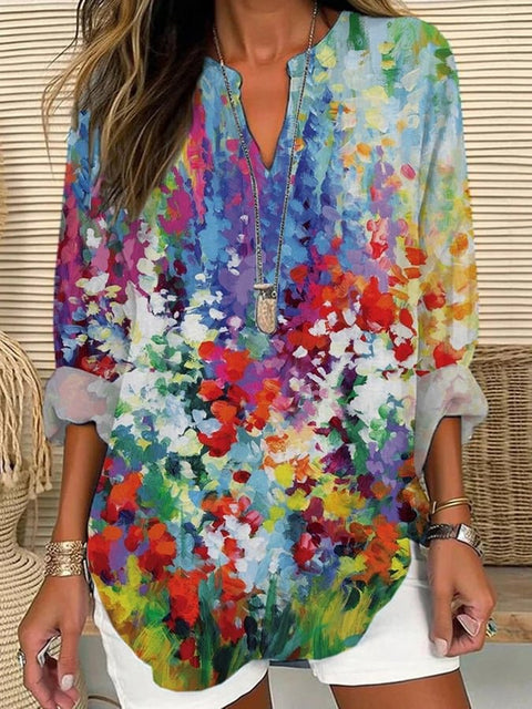 Loose 3D Printed V-Neck Shirt Long Sleeve T-Shirt m301360