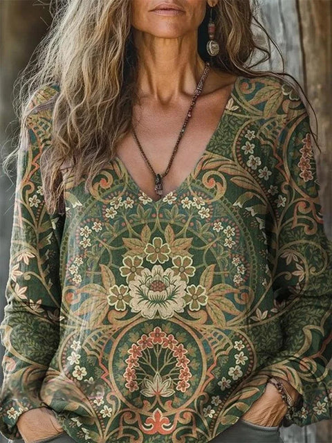 Casual V-Neck Long Sleeve Pullover Digital Printing Women's Upper T-Shirt m303120