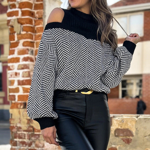 Striped sweater women's semi-turtleneck fashion pullover cold shoulder knitted sweater m300853