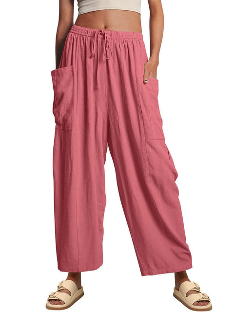 Elastic waist pleated middle waist straight pants loose casual cotton and linen nine-point pants m301883