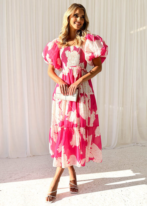 Elegant Floral-Print off-Shoulder Puff Sleeve Fashion Dress M300289