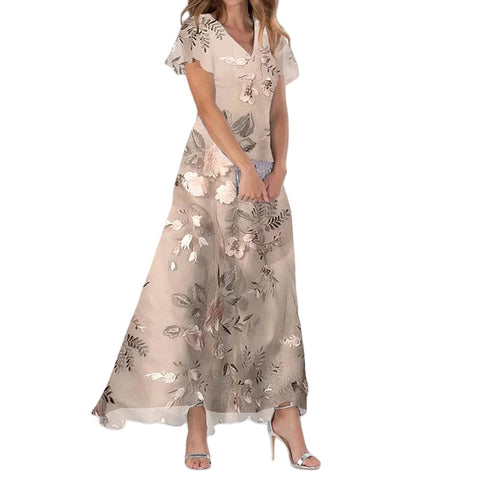 Big pendulum long dress V-neck short-sleeved printed chiffon dress m301544
