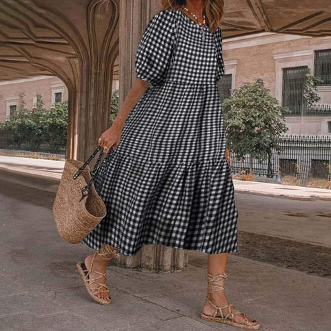 Casual long-sleeved plaid frilly loose dress m301460