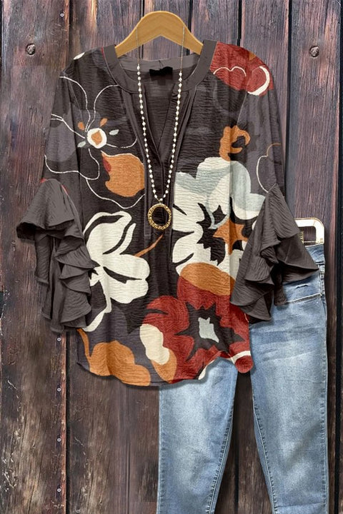 Creative floral element printing digital printing casual trend V-neck lotus edge T-shirt women's top m301778