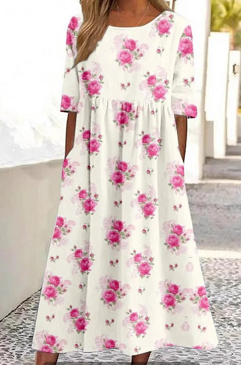 Up and down splicing pocket size printing big wide dress m301712