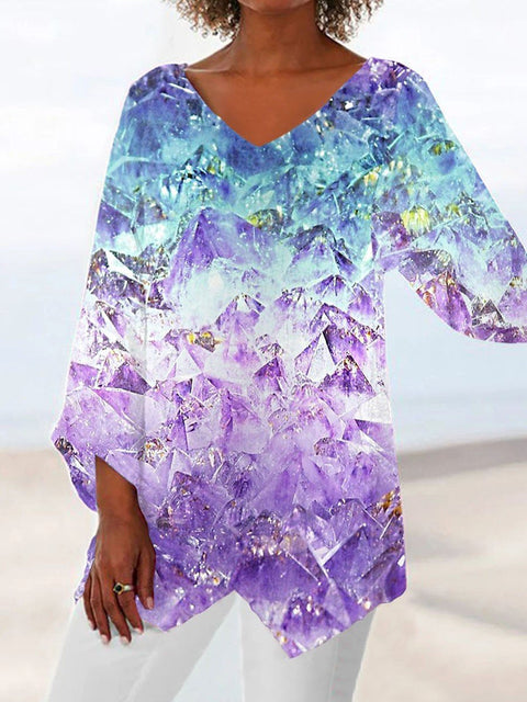 Women's printed animal natural scenery V-neck nine-quarter sleeve loose T-shirt m301289