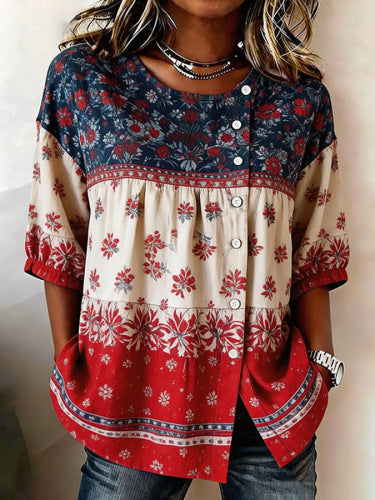 Color matching loose blouse five-button drawstring m302924