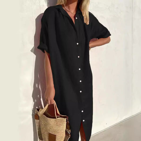Elegant Casual Loose Short Sleeve Button Cotton and Linen Long Pocket Shirt Dress m301256