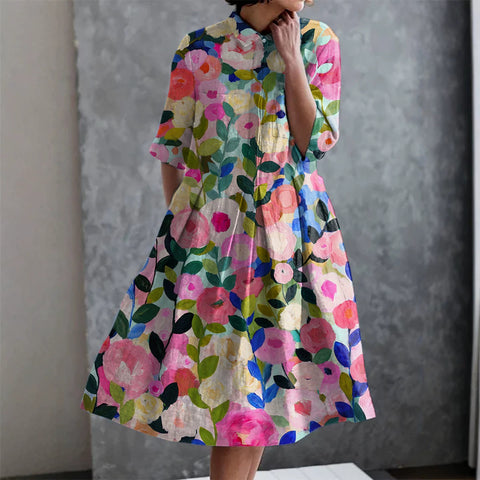 Elastisches Hanf kurzes Hemdblusenkleid, Blumenmuster, japanischer Urlaubsstil, Pendelrock m303187