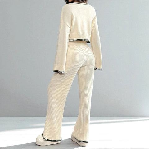 New fashion long-sleeved knitted top high-waisted wide-leg pants two-piece set m302090