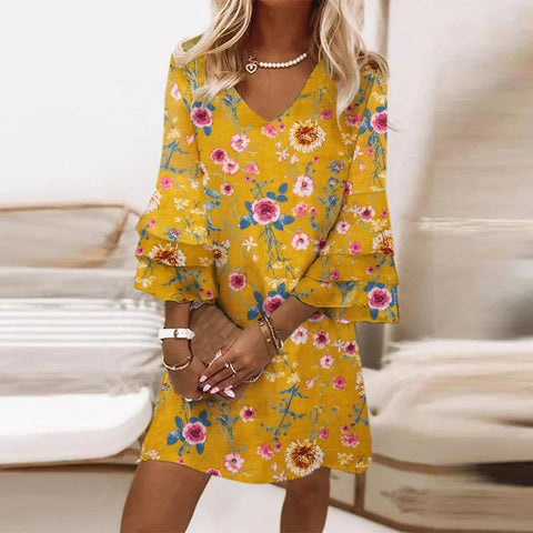 Fresh printed V-neck 3/4-sleeve mini women's dress m302854