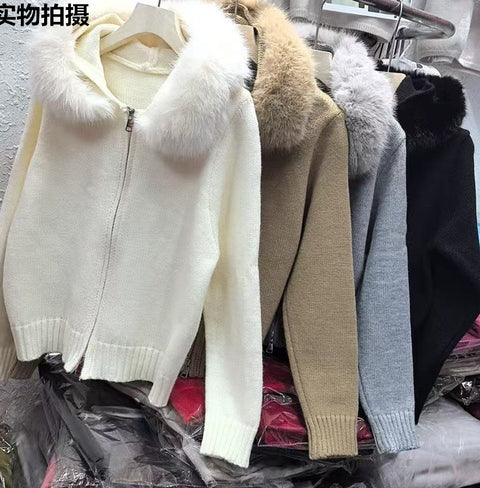 Hooded fur collar splicing knitted sweater jacket women's autumn and winter simple cardigan m302131