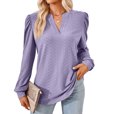 Solid color V-neck jacquard long-sleeved loose T-shirt top m300402