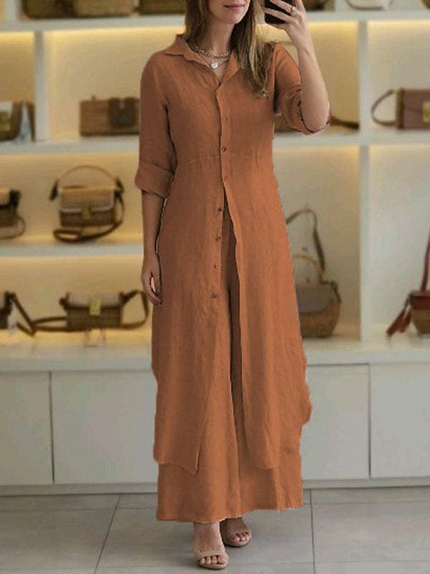 Elegant cotton and linen slim-fitting waist long-sleeved shirt wide-leg pants set m301063