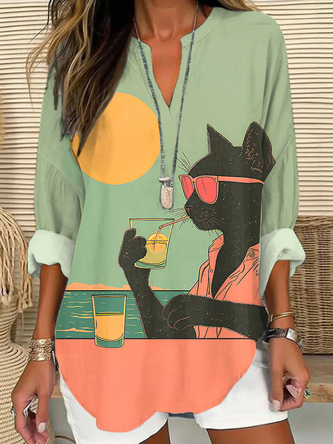 Loose 3D Printed V-Neck Shirt Long Sleeve T-Shirt m301360