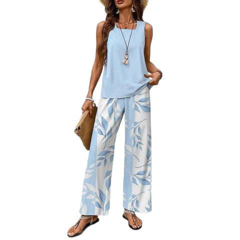 Casual square neck pullover vest plus trousers digital printing women's two pieces m301436