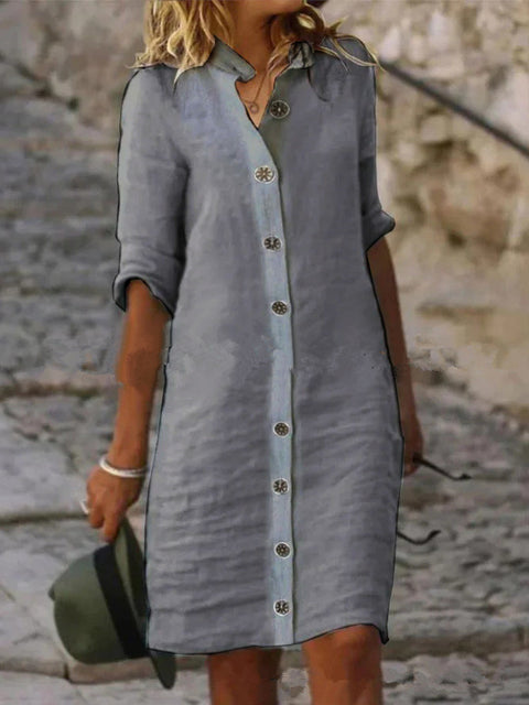 Shirt Collar Half Sleeve Large round Buckle Cotton and Linen Dress M300218
