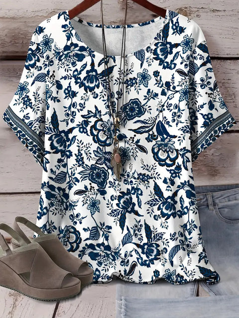 Retro printed cotton short-sleeved T-shirt early spring new versatile crew neck bottoming shirt m301287