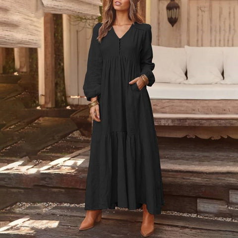 Button cotton and linen retro casual long-sleeved dress big swing long dress multi-color m301374