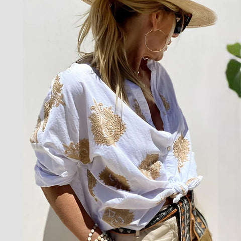 Printed Independent Station Long Sleeve Lapel Button Women's Shirt m301309