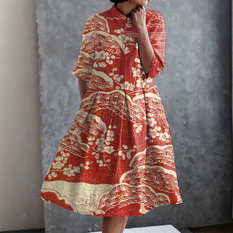 Elastisches Hanf kurzes Hemdblusenkleid, Blumenmuster, japanischer Urlaubsstil, Pendelrock m303187