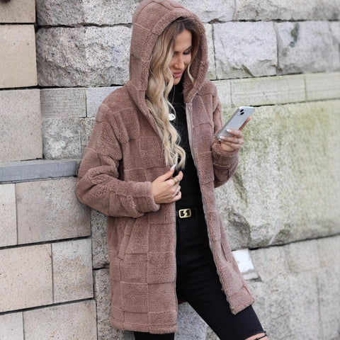 Autumn and winter new loose hooded long cardigan plush jacket m302062