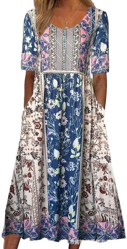 Ladies Casual Crew Neck Pullover Short Sleeve 3D Printing Pleated Waist Swing Long Dress Dress m301299