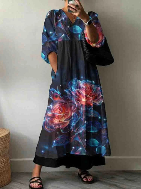 Casual women's fashion tie-dye printing V-neck medium and long jumpsuit m301302